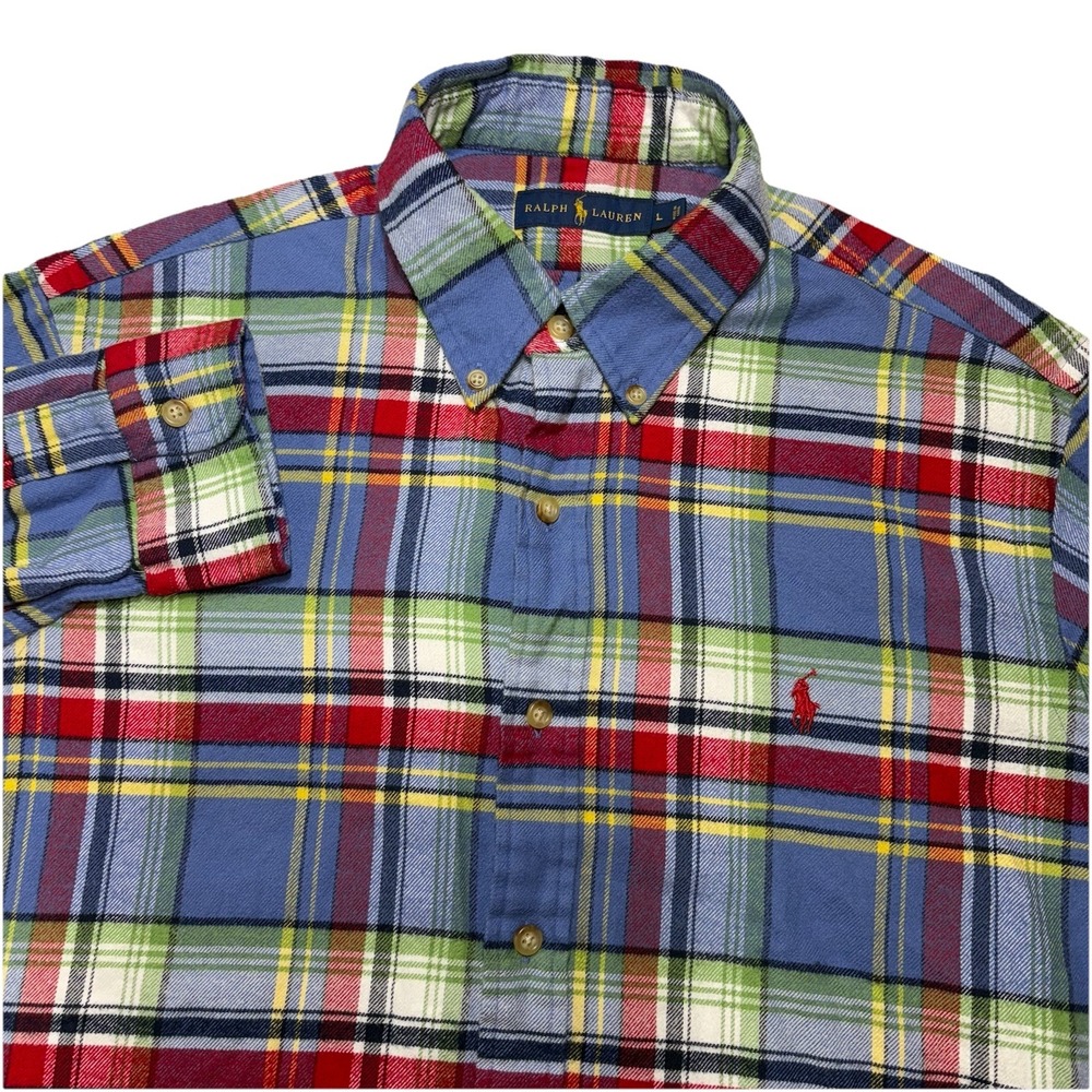 Ralph Lauren Flannel Shirt Mens L Multicolor Plaid Button Down Cotton Red Pony